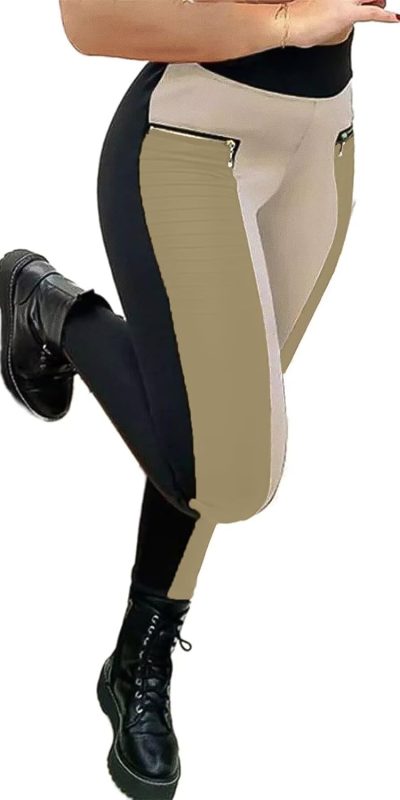 Flamingals Faux Leather Mid Waisted Tummy Control Motorcycle Leggings for Women Stretchy with Pockets Patch Zip