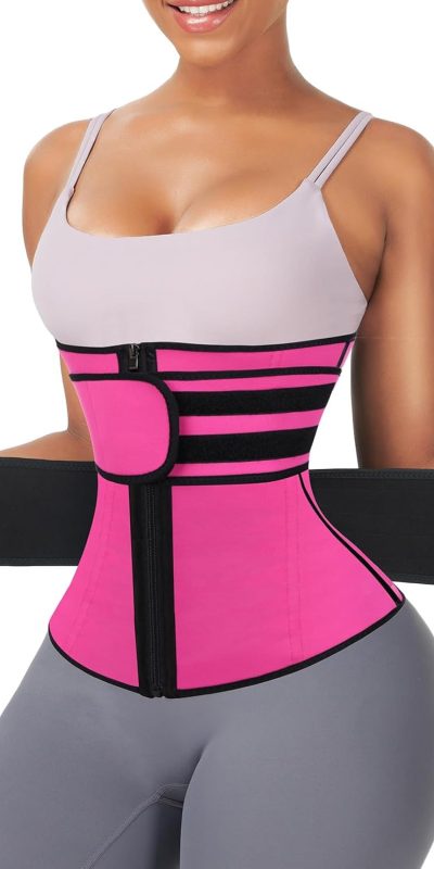 FeelinGirl Waist Trainer for Women Belly Fat Long Torso Sauna Workout 2 Belt With Zipper 7 Steel Bones Corset