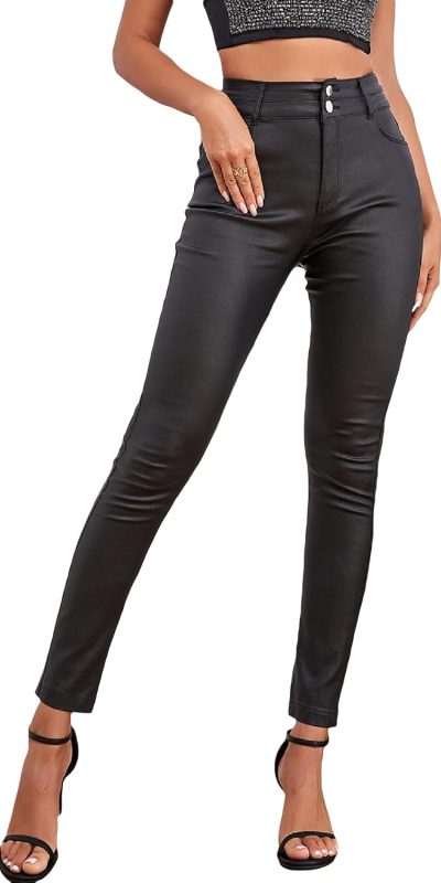 MakeMeChic Women's Faux Leather Skinny Pants Button Front High Waisted PU Leather Leggings Pants
