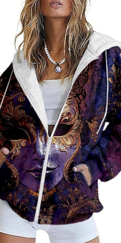MARSVOVO Mardi Gras Sweatshirts for Women Full Zipper Long Sleeve Tuesday Shirt Vintage Vneck Carnival Outfit for Party