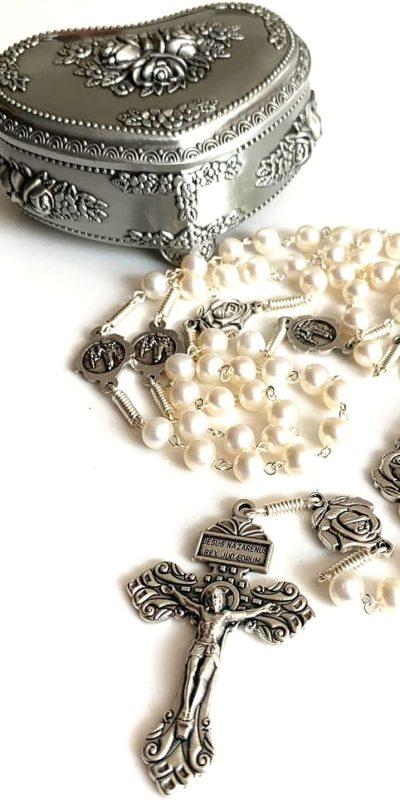 elegantmedical Handmade AAA 7-8MM Real Pearl Beads Our Lady Fatima Rosary Cross Necklace Box case Catholic Gifts