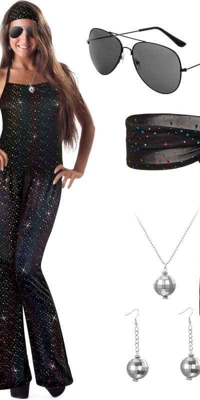 Hillban 70s Women's Stylish Disco Costume Set Lady Disco Party Top Pants Sunglasses Necklace Earring