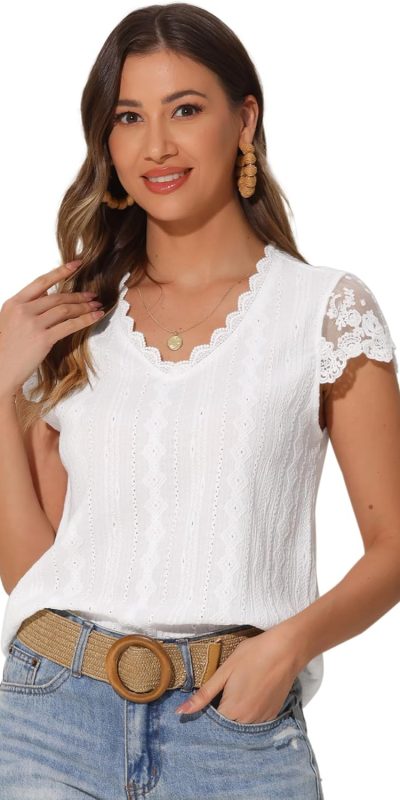 Allegra K Lace Summer Tops for Women's Dressy Short Sleeve Business Casual Shirts