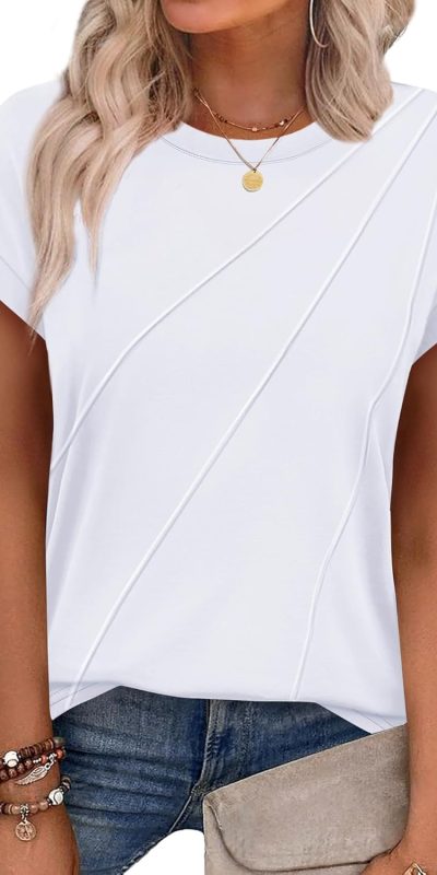 WEESO Womens Tops Summer Cap Sleeve Pleated Crewneck T Shirts Loose Fit Dressy Casual Basic Tees Trendy Outfits