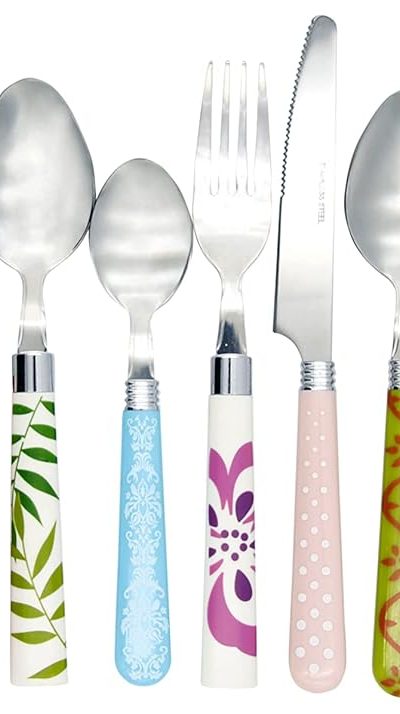 The Original Brink House Eclectic Collection Mix & Match Stainless Steel Cutlery Set with Multicolored Handles / 16 pieces with Metal Stand/Lifestyle utensils for home, apartment, dorm, outdoor
