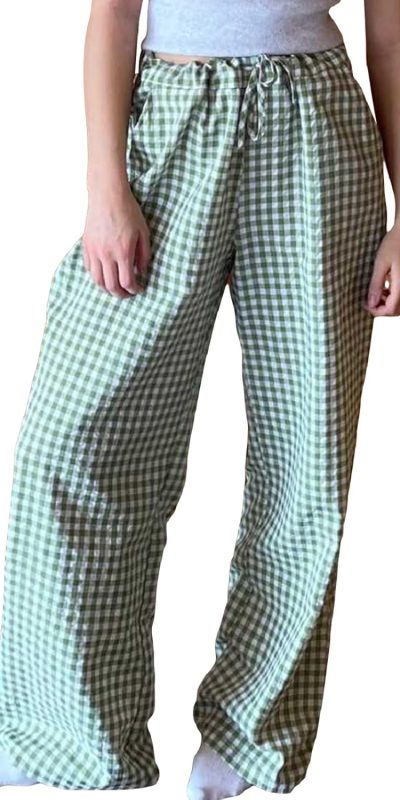 Muineobuka Women Y2k Striped Pajama Pants Wide Leg Stripes Plaid Lounge Pants High Waist Striped Pj Pants Trousers