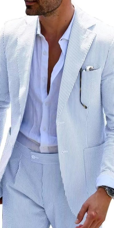 Wehilion Men 2 Pieces Seersucker Suit Casual 2 Button Slim Fit Striped Suits for Men Summer Wedding Prom Suit Jacket Pants