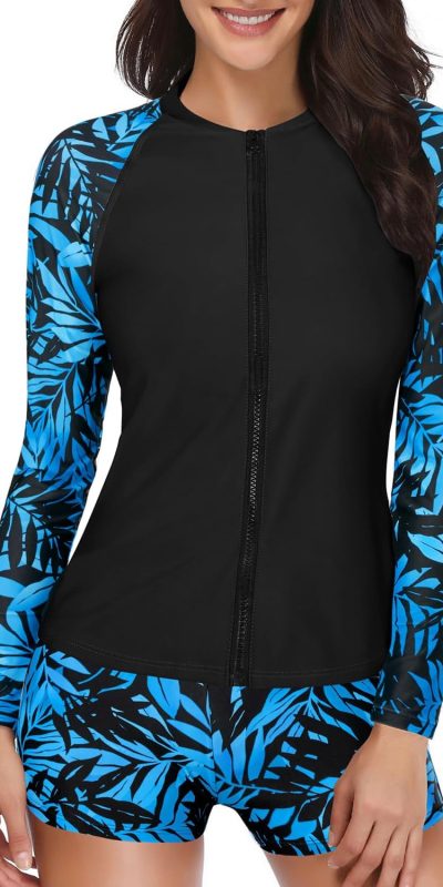 Holipick Women 2 Piece Rash Guard Swimsuit Long Sleeve Zipper Bathing Suit Sun Protection UPF 50+ Swim Shirt with Shorts