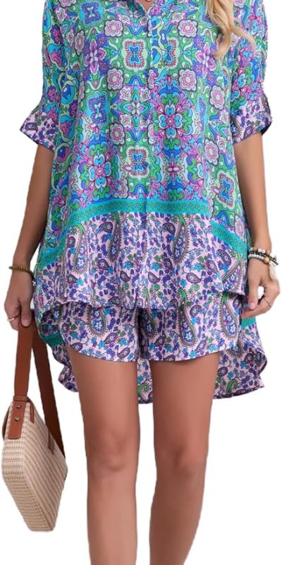 Women's Boho 2 Piece Outfit Floral Open Front Tropical Tunic Blouse and Shorts Set