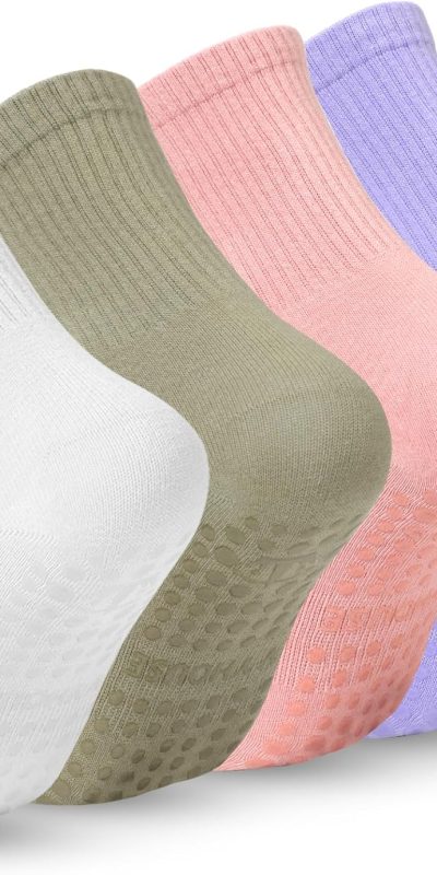 Pilates Yoga Socks with Grips for Women - Crew Length Ballet Barre Socks - Sticky Workout Hospital Socks