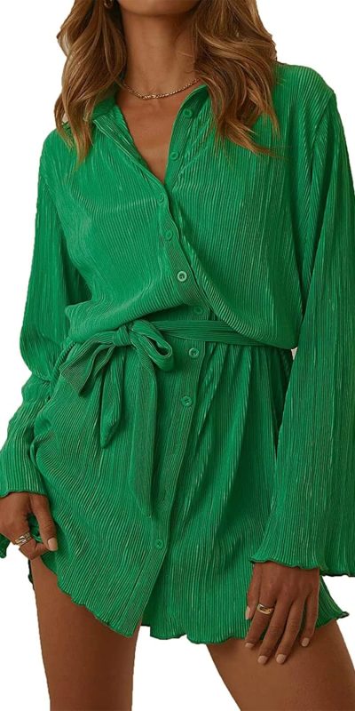 Women Shirt Dresses Long Sleeve Pleated Mini Dress Casual Button Down Tunic Tops with Belt Vintage Streetwear