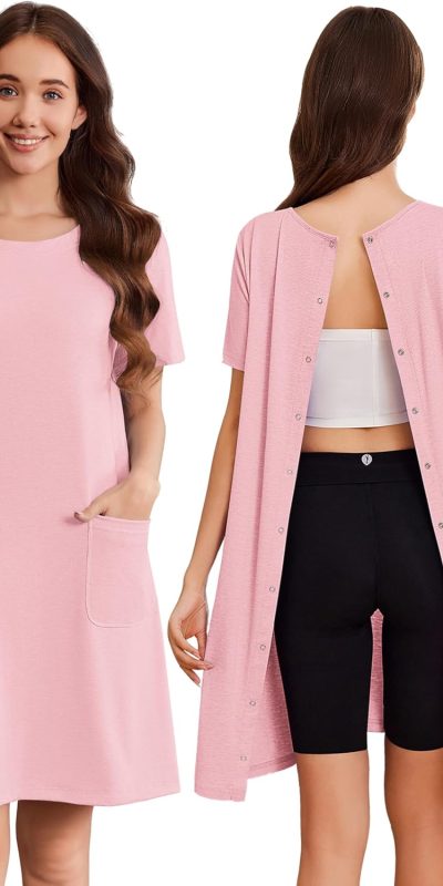 Deyeek Hospital Gowns for Women Open Back Tear Away Snap Nursing Dress Short Sleeve Soft Adaptive Clothing With Pockets