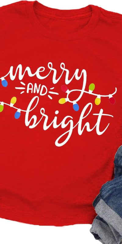 Christmas Shirts Toddler Boy Girls Merry and Bright T-Shirt Christmas Lights Graphic Tees Holiday Tops