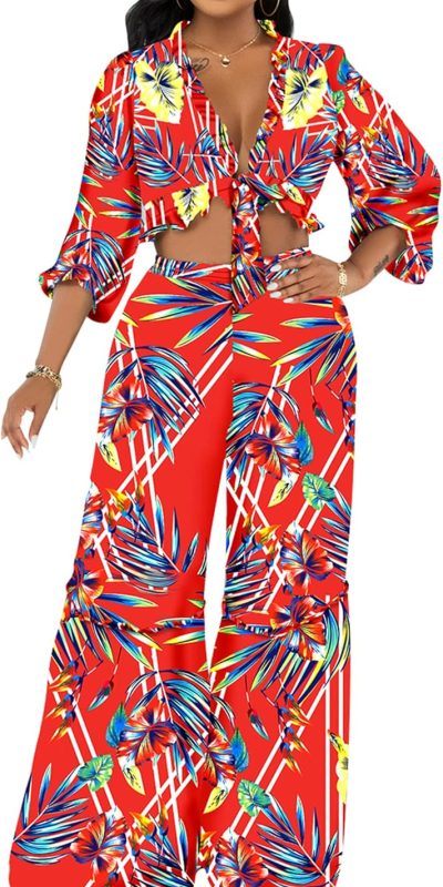 Womens Floral Two Piece Vacation Outfits 3/4 Sleeve Crop Tops Blouse and Wide Leg Boho Pants Sets Jumpsuits
