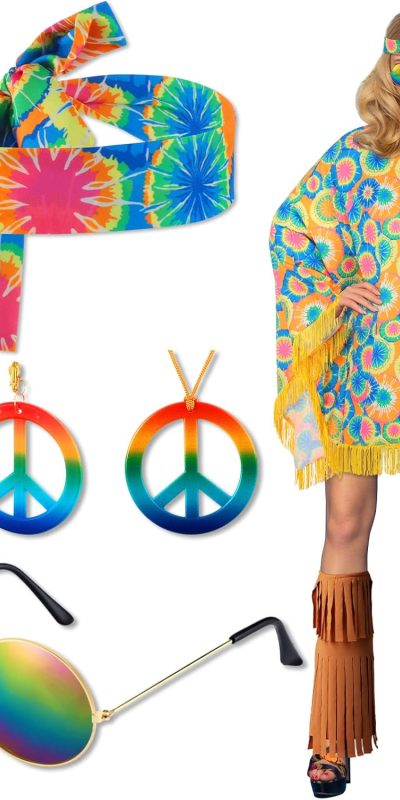 Jinei 8 Pcs 70s Halloween Hippie Costume Set for Women Tie Dye Poncho Costume Peace Sign Earring Accessories