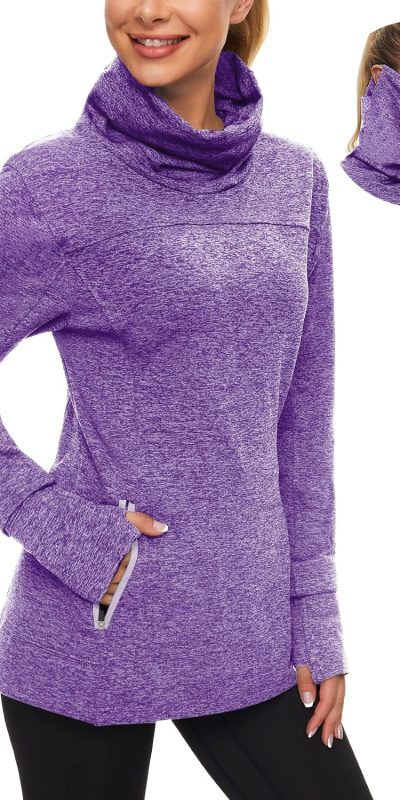 Soneven Women's Running Fleece Sweatshirts Cowl Neck Pullover Long sleeve Shirt with Thumb Holes and Neck Gaiter Face Mask