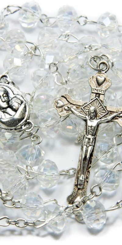 Clear Glass Crystal Beads Rosary Necklace Holy Soil Medal Silver Plated by Jerusalem