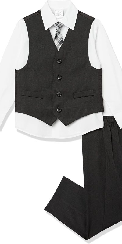 Van Heusen Boys' 4-Piece Formal Suit Set, Vest, Pants, Collared Dress Shirt, and Tie