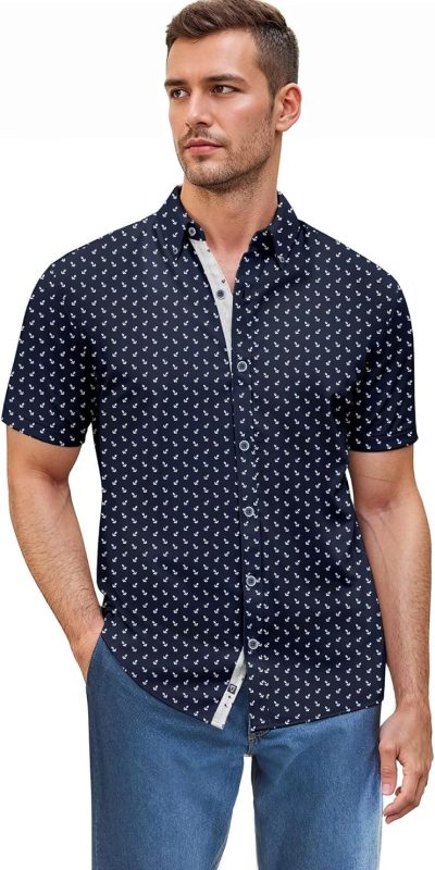 ETHANOL Mens Slim Fit Short Sleeve Button Down Polo Tech Stretch Printed Shirt