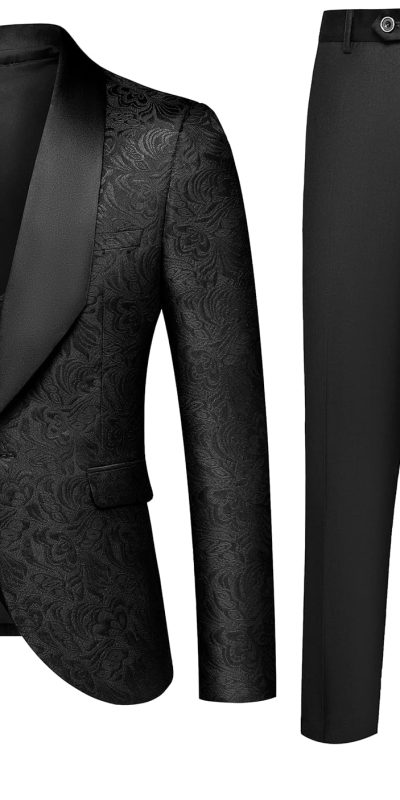 UNINUKOO Mens Floral Suits 3 Piece Tuxedo Suit Slim Fit Jacquard Tux Suit Set Shawl Lapel for Wedding Prom Suit