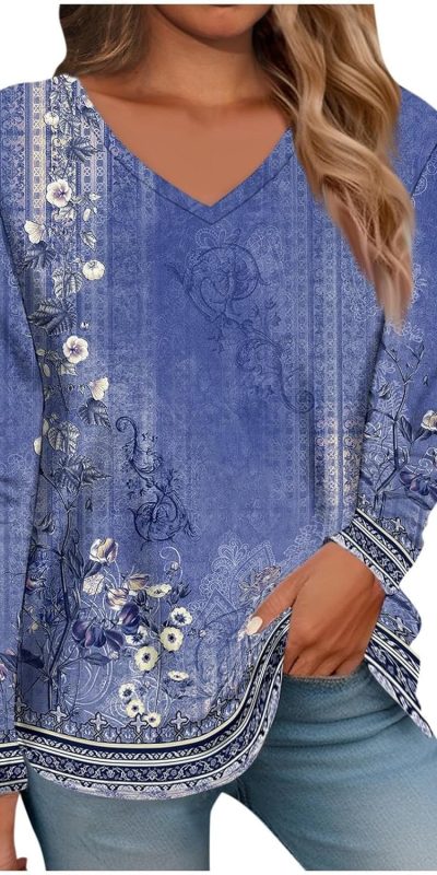 Long Sleeve Shirts for Women V Neck Boho Dressy Casual Tops Lightweight Sweatshirt Pullover Going out Fashion Blouses