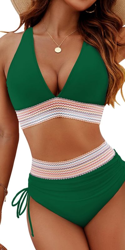 Blooming Jelly Women High Waisted Bikini Sets Tummy Control Swimsuits Color Block Two Piece Drawstring Bathing Suit