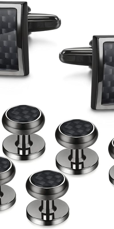 LOYALLOOK 8pcs Mens Carbon Fiber Cufflinks and Shirt Studs Set Tuxedo Shirts Business Wedding Silver Black Gold Tone