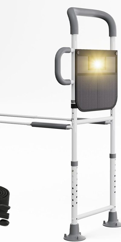 HOMEAL Bed Rails for Elderly Adults Safety - Height Adjustable Bedside Assist Rails for Seniors, Stable Bed Cane Guard Railings with Non-Slip Ergonomic Handle Bar and Storage Pocket (Grey)