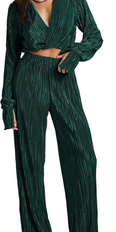 Pink Queen 2 Piece Outfits for Women Long Sleeve V Neck Cropped Shirt and Wide Leg Pants Sets Cocktail Party Streetwear