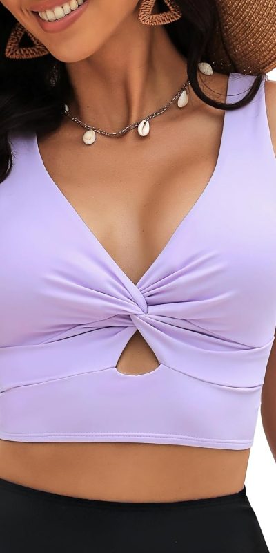 GRAPENT Bikini Tops for Women Cropped Tankini Tops Beach Padded Knot Twist Cut Out Adjustable Tank Swimwear Top Only