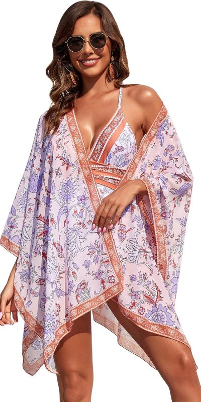 ODIZLI Women's Floral Print One Piece Bikini Swimsuit with Cover-Up Beachwear Outfits