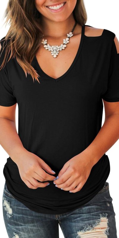 Jescakoo Women's Short Sleeve Cut Out Cold Shoulder Tops Deep V Neck T Shirts