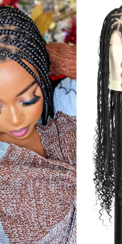 Boho Braided Wigs Triangle Knotless Braided Wigs for Women Full Double Lace Front Box Braid Wig with Baby Hair Human Hair Blended Braid Lace Front Wig 36" Black