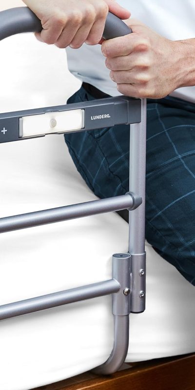 Lunderg Bed Rails for Elderly Adults Safety - with Motion Light & Non-Slip Handle Bar - Bed Railings for Seniors & Surgery Patients - The Bedside Support Assist Cane Makes Getting in & Out Much Easier