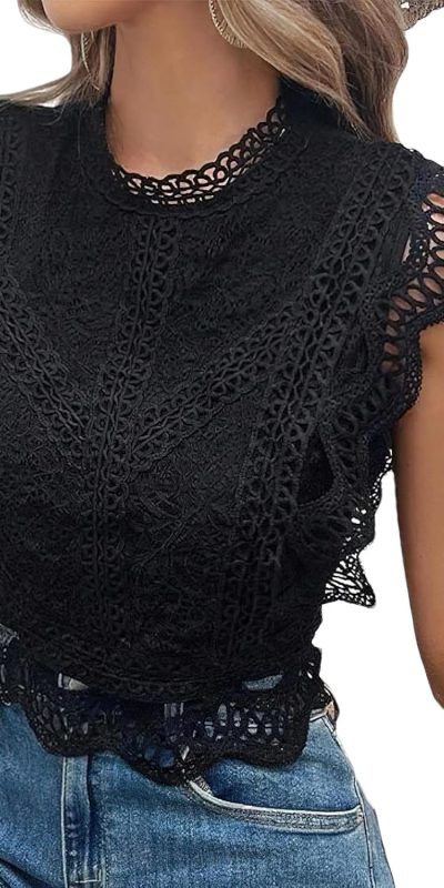 Women's Hollowed Lace Blouse Soft Sleeveless Ruffle Trim Elegant Summer Shirt Tops