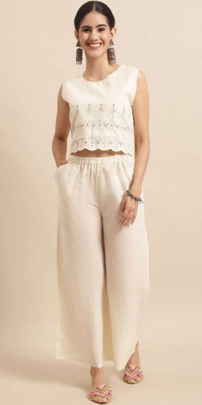 Cream Palazzo Trouser and Sleeveless Cream Crop Top Co Ord