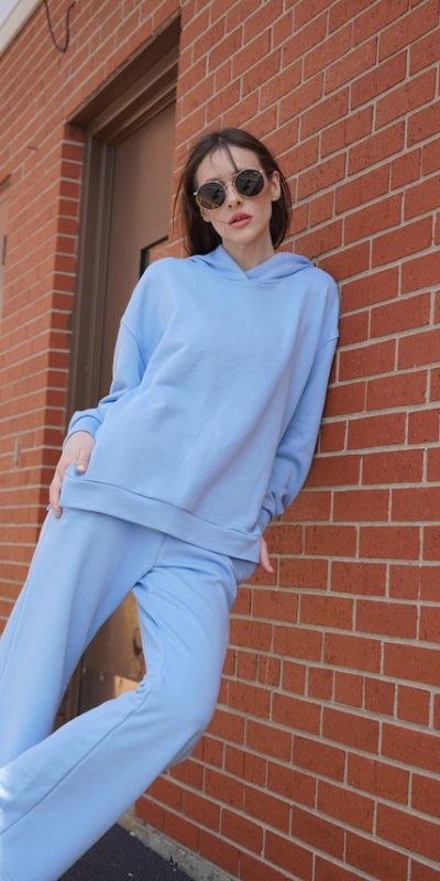 light blue sweatpants and sweatshirt