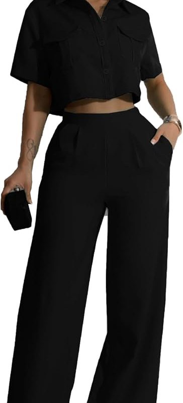 Matching Black Short Sleeve Top and Palazzo Trouser