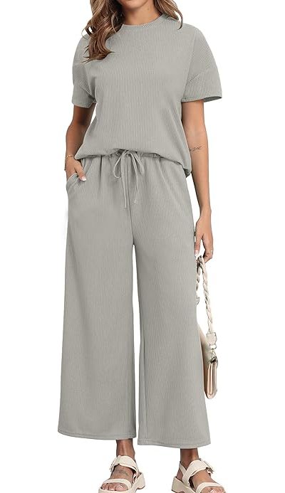 Palazzo Grey Pants and Matching Short Sleeve Ribbed Crop Top