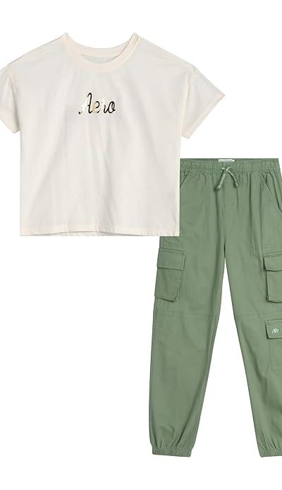 White short sleeved graphic tee shirt and grey cargo pant set